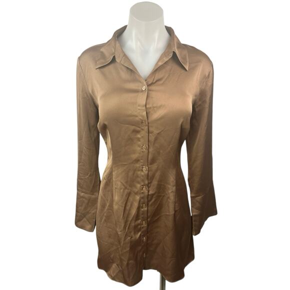 Abercrombie & Fitch Silk Satin Bronze Brown Button Down Mini Shirt Dress Size M - Picture 1 of 5